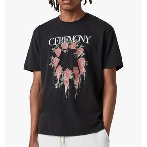 All Saints ceremony t-shirt. Black, with CEREMONY and floral wreath image.